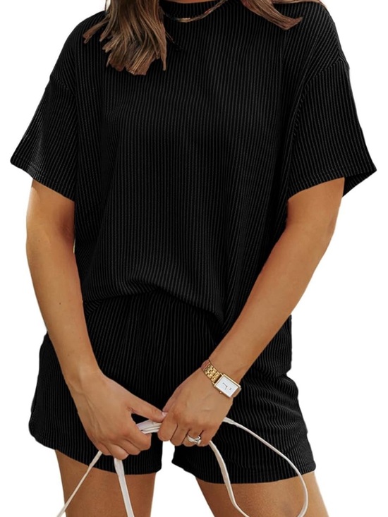 Amazon Tops - Women’s 2 Piece Casual Ribbed Loose Black Lounge Set